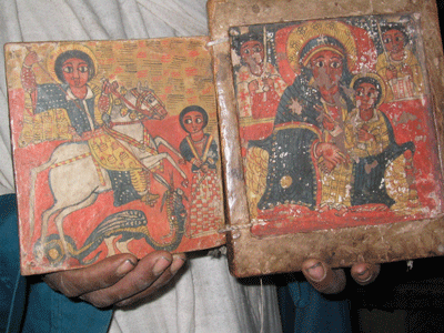 Ancient hand-illustrated bible in a church in Lalibela.